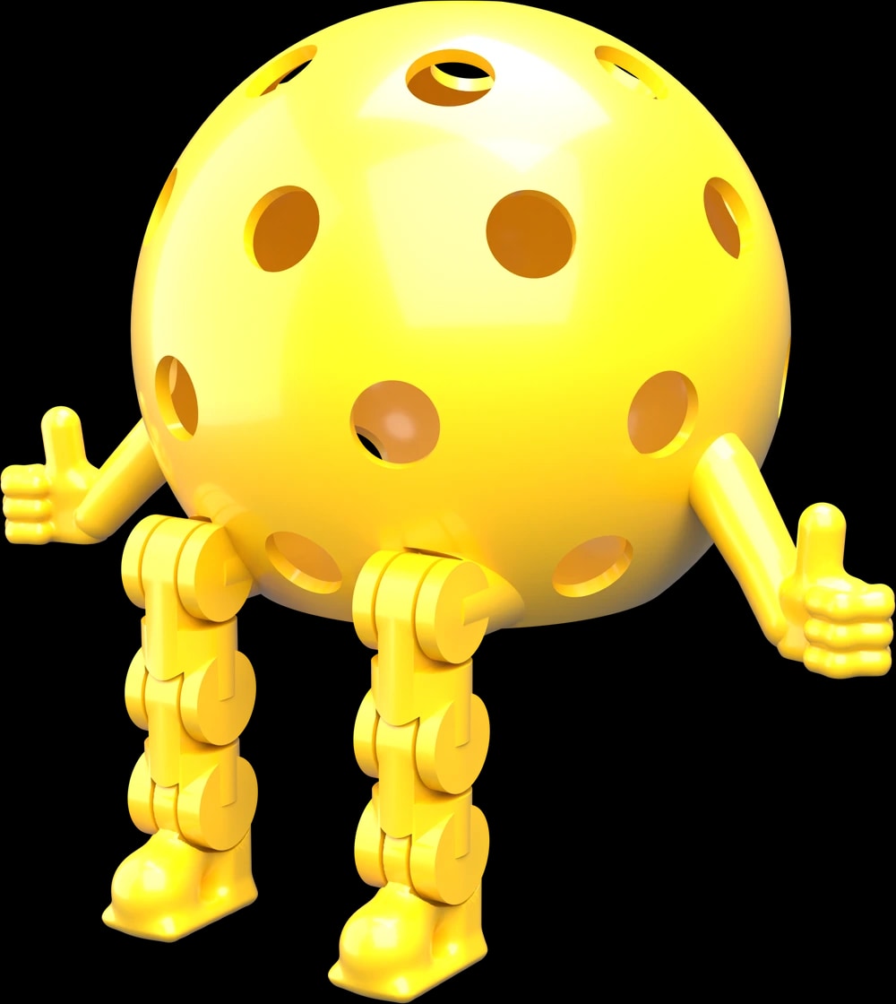 Pickleball Dinky in Yellow — round jointed character standing with his arms out