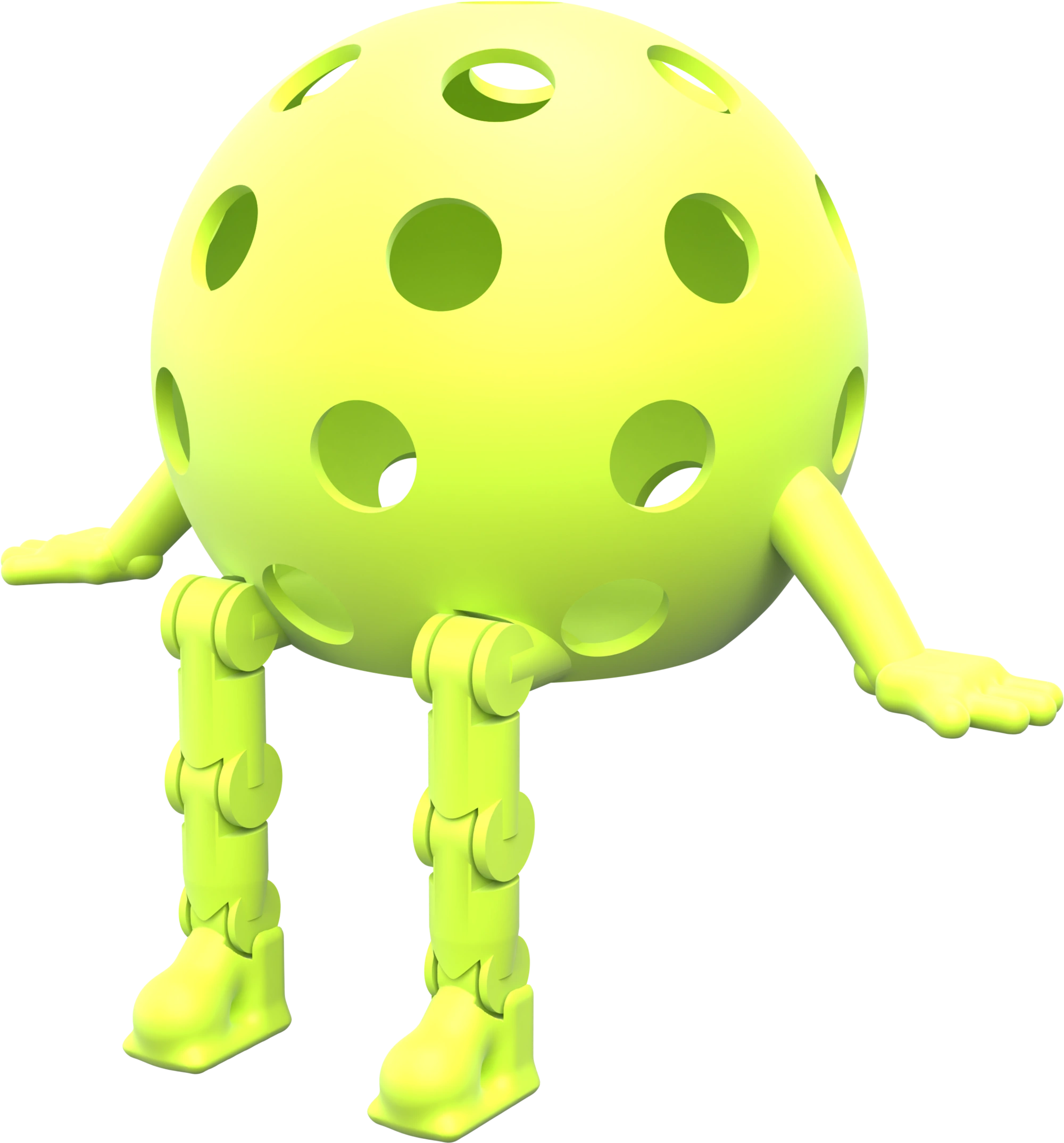 Green Pickleball Buddy sitting on a ledge with his legs hanging over the edge