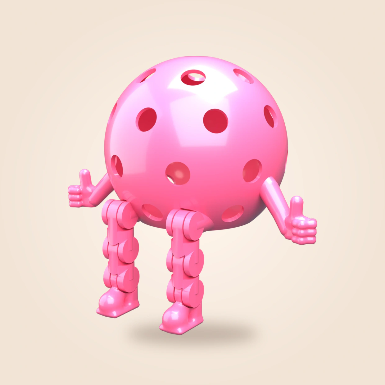 A pink Pickleball Dinky standing with both thumbs up, his jointed legs under him