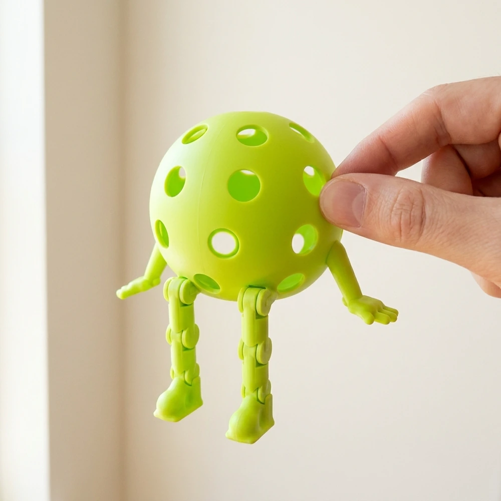 A hand holding a green Pickleball Buddy by the ball, arms and legs hanging free